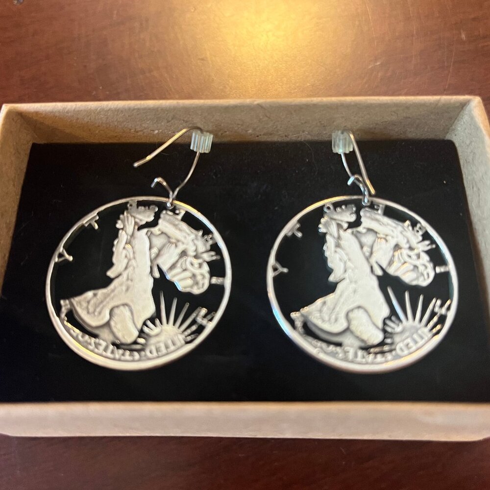 Walking Liberty Silver Coin Cutout Earrings 1943 - Picture 6 of 7